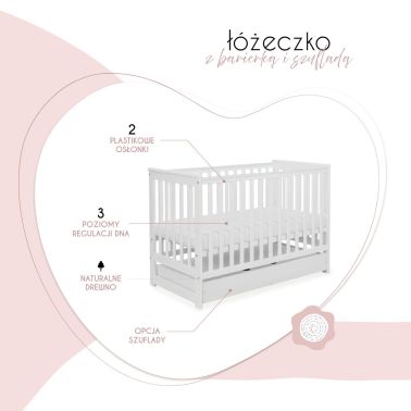 Łóżeczko drewniane z szufladą i barierką 120x60 Yoonco iwi białe