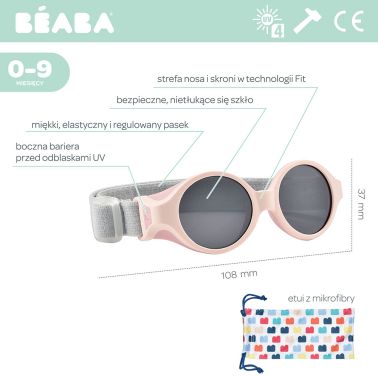 Beaba Okulary przeciwsłoneczne dla dzieci z elastyczną opaską 0-9 miesięcy chalk pink